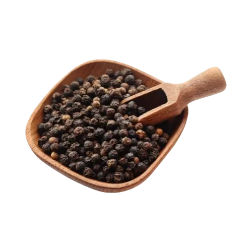 Whole black pepper in a wooden scoop