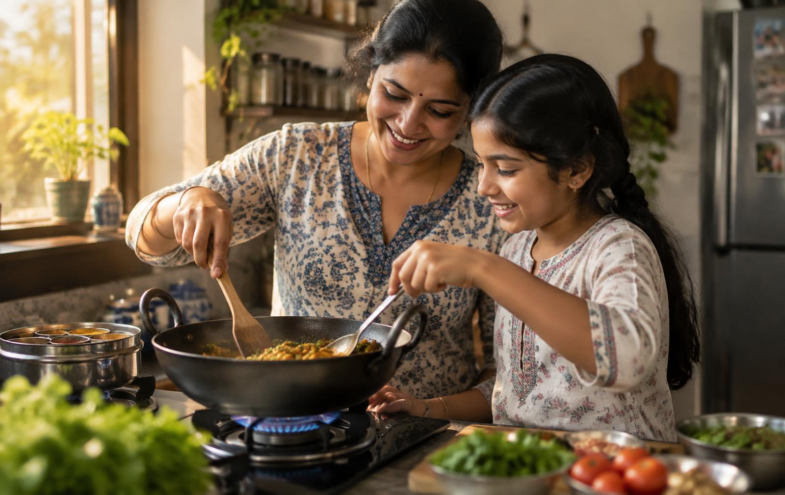 A mother and daughter cooking together at home